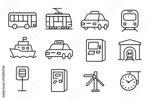 Icon set of public transportation: bus, tram, taxi, train, ferry, and more