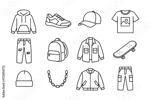 Stylish fashion icons set featuring apparel and accessories in linear design