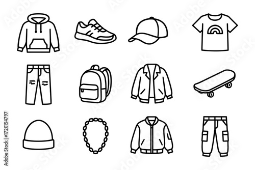 Icon set of urban apparel and accessories in linear style