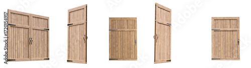 Closed and open wooden gate isolated on transparent background. 3D render.