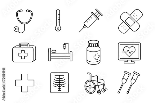 Essential medical equipment and instruments in modern line art collection