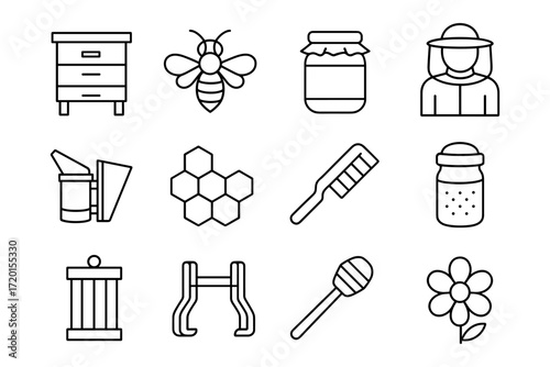 Beekeeping icons set: linear honeybee, hive, and tools collection