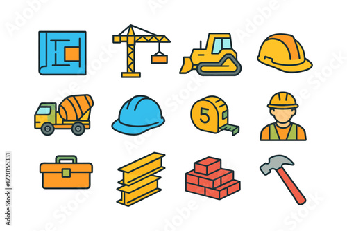 Colorful construction icons set: machinery, tools, and safety gear