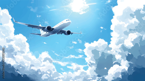 Airplane flying in a bright blue sky