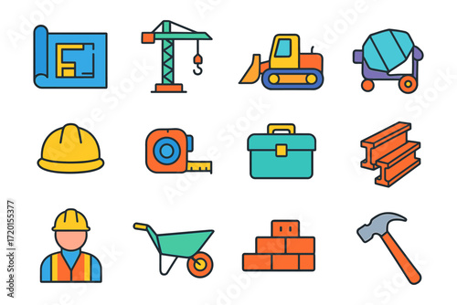 Colorful construction icons set featuring tools and equipment