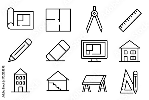 Linear architect tools and symbols: blueprints, drafting instruments, and buildings