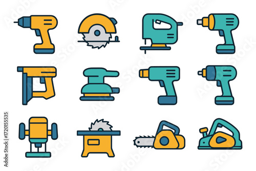 Colorful set of electric power tools icons in flat style for construction and diy projects