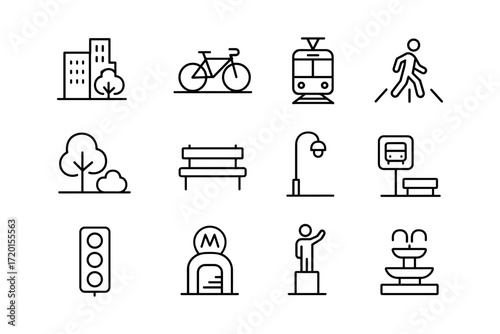 Urban line art icons: transport, landmarks, and outdoor elements