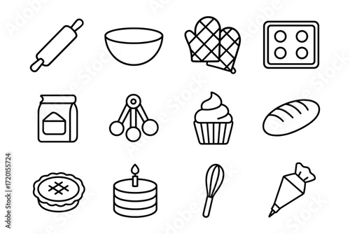 Minimalist baking icons set: kitchen tools and ingredients in line art style
