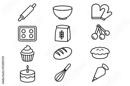 Simple line art culinary icons set for baking and pastry enthusiasts