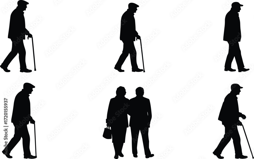 Obraz premium Elderly people silhouettes, walking with cane, companionship art, aging mobility design, senior lifestyle illustration set