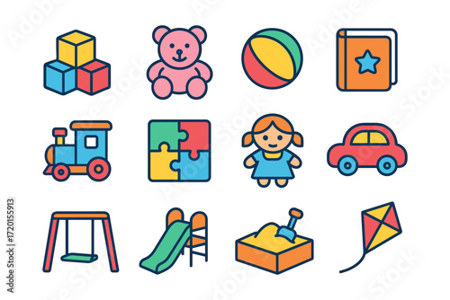 Colorful collection of children's toys and activities in flat design style