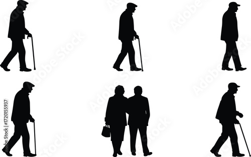 Elderly people silhouettes, walking with cane, companionship art, aging mobility design, senior lifestyle illustration set