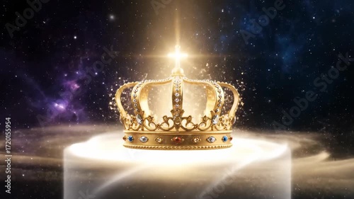 Golden crown on a pedestal in a cosmic background