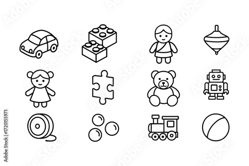 Linear icons of popular children's toys for playful designs