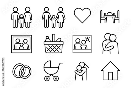 Family and home icons set: minimalist line art collection for everyday themes