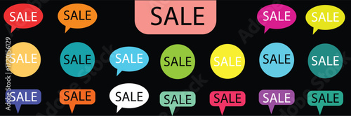 A vibrant set of flat vector sale tags, speech bubbles, and banner shapes for e-commerce, advertising, retail, and social media marketing campaigns.