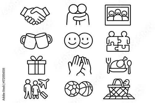 Outline icons of friendship, travel, and celebration themes