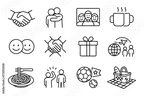 Simple line icons: travel, communication, and leisure themes
