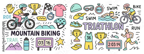 Mountain biking and triathlon sport. Sports and adventure іcon set