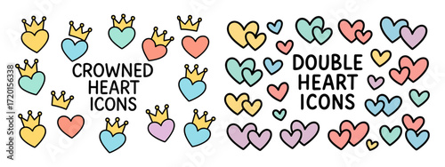 Heart icons with crowns and regular hearts in doodle style