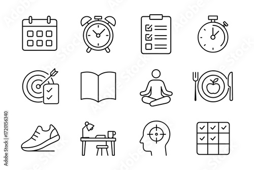 Minimalist line art icons for daily routine and productivity design
