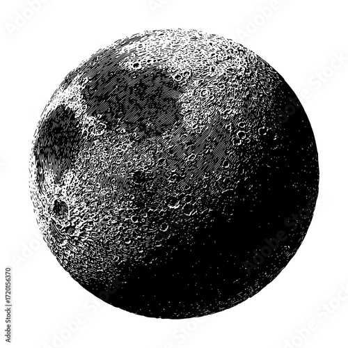 Detailed moon surface illustration astronomy space lunar phases celestial body science exploration and art
