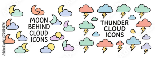 Icons of clouds with lightning and clouds with moon in doodle style