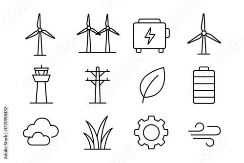 Eco energy icons: wind turbines, solar power, and sustainable technology in linear style