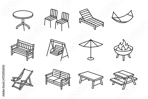 Outdoor furniture outline collection including chairs, tables, hammock, and fire pit