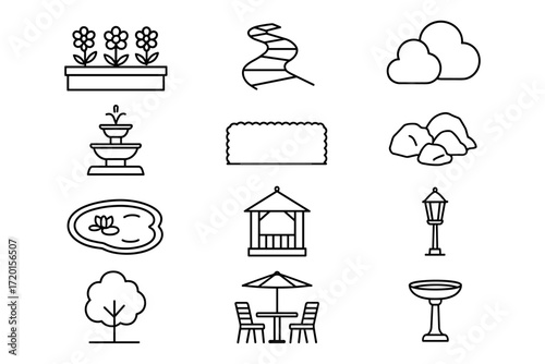 Minimalist garden icons set featuring plants, trees, and outdoor elements for design projects