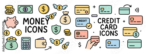 Money and credit card icons in doodle style