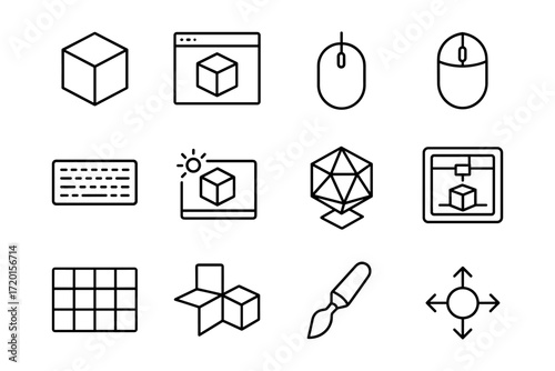 Minimalist line art icons for 3d modeling and design interface set