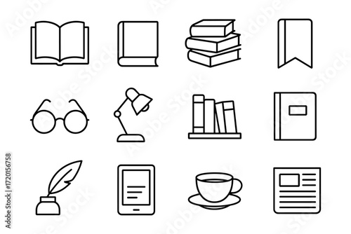 Minimalist education icons: books, technology, and study essentials in linear design