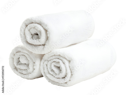 Stack of three rolled white towels isolated on transparent background