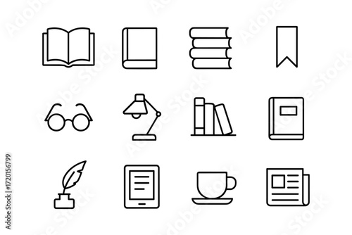 Library and reading icons set: linear style for educational and literary themes