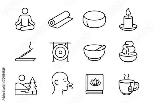 Minimalist yoga and meditation icons set for wellness and relaxation themes