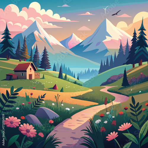 Idyllic countryside fantasy artwork with wooden cottages, colorful spring flowers, cherry blossom trees, rolling meadows, flowing river, enchanted twilight sky, and majestic mountain valley background