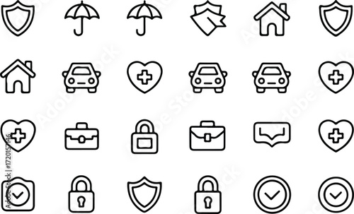 Insurance and protection line icon vector illustration set. Includes health, home, travel, disability, property damage, business liability, claim and risk assessment symbols with shield elements