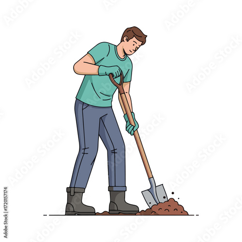 Man Digging Soil With Shovel, Gardening Illustration