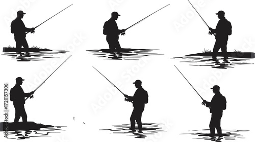 Fishing silhouette illustration, person with rod, casting line, outdoor activity, water scene, vector artwork