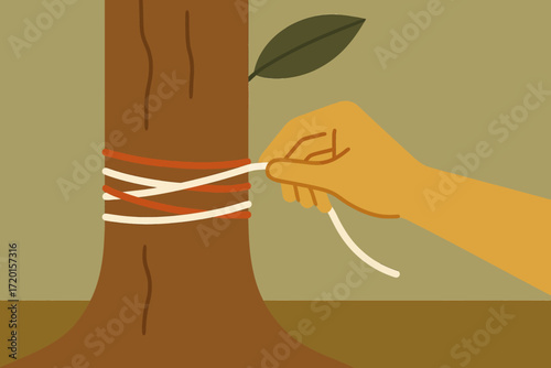 Illustration of Hand Tying Rope Around Tree Trunk with Leaf in Natural Setting