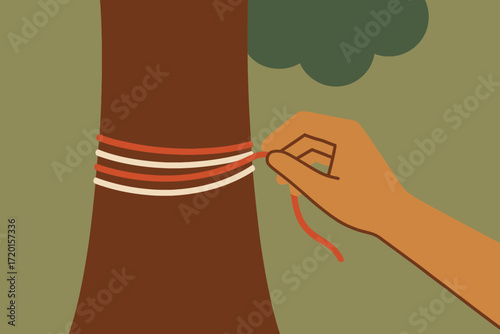 Illustration of Hand Tying Rope Around Tree Trunk with Leaf in Natural Setting