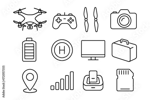 Technology icons set: drone, camera, game controller, battery, gps pin