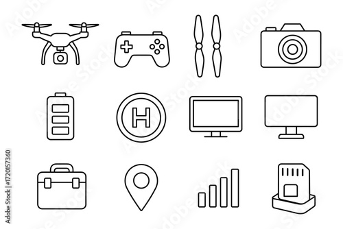 Drone technology icons: line art collection featuring gadgets and accessories