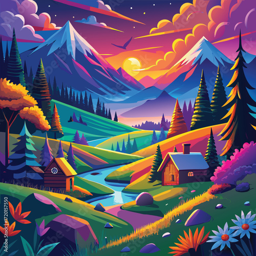Fairy tale countryside illustration of scenic wooden houses, dramatic snowy mountain peaks, winding village path, colorful meadow flowers, peaceful river, and shining moon with northern lights in sky