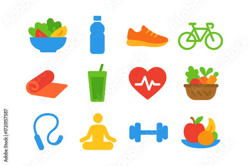 Colorful icons of healthy living: fitness, nutrition, and lifestyle essentials