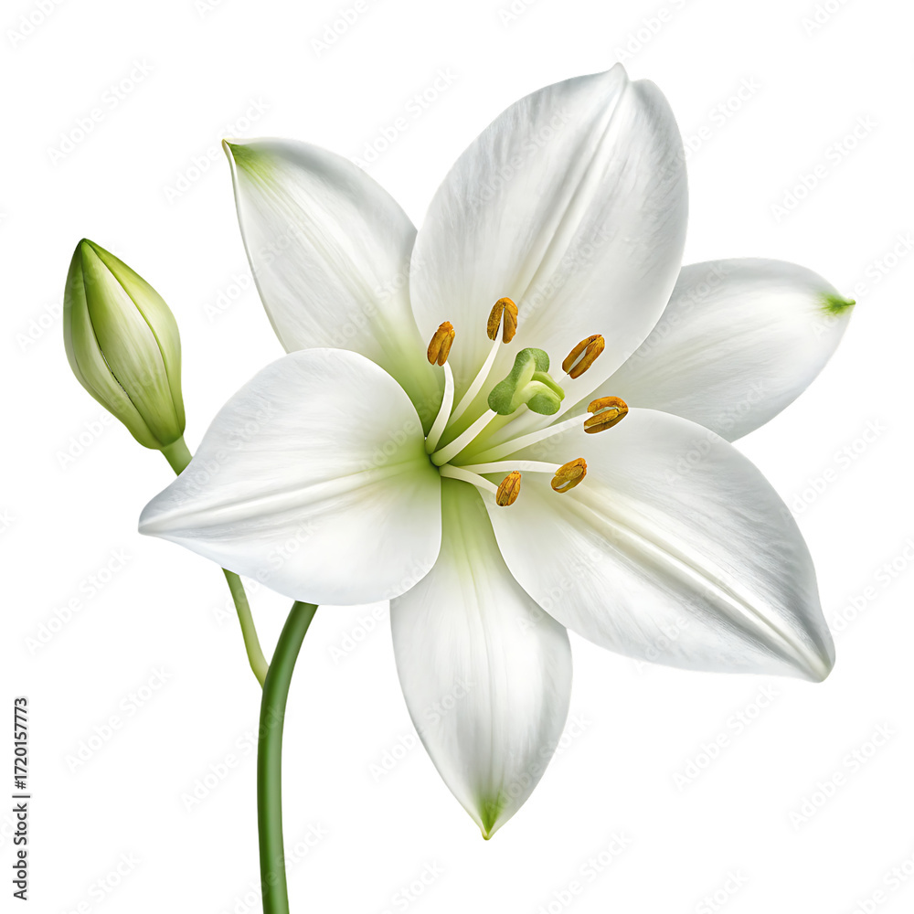 Fototapeta premium A single white lily blossom with a green bud and stem isolated on a transparent background flower