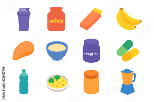 Flat design gym supplements and healthy food icons set
