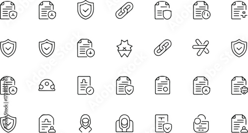 Insurance and protection line icon vector illustration set. Includes health, home, travel, disability, property damage, business liability, claim and risk assessment symbols with shield elements